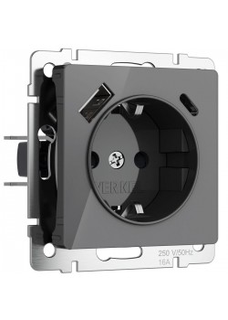 Розетка с заземлением, шторками и USB тип A+C Werkel графит акрил W1171744 4690389197536