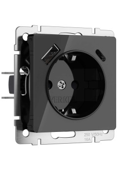 Розетка Werkel с заземлением, шторками и USB тип A+C (черный акрил) W1171748 4690389197741