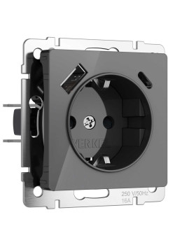 Розетка с заземлением, шторками и USB тип A+C Werkel графит акрил W1171744 4690389197536