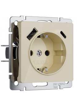 Розетка с заземлением, шторками и USB тип A+C Werkel айвори акрил W1171743 4690389197833