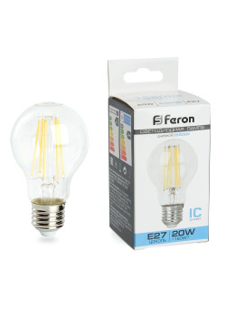 Лампа светодиодная филаментная Feron E27 20W 6400K прозрачная LB-620 48285