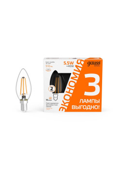 Лампа cветодиодная Gauss E14 5,5W 2700K прозрачная 3 шт. 1031116T