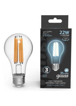Лампа светодиодная филаментная Gauss E27 22W 4100K прозрачная 102902222