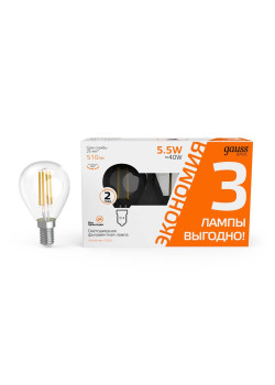 Лампа cветодиодная Gauss E14 5,5W 2700K прозрачная 3 шт. 1051116T