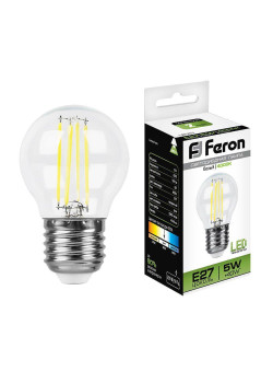 Лампа светодиодная филаментная Feron E27 5W 4000K Шар Прозрачная LB-61 25582