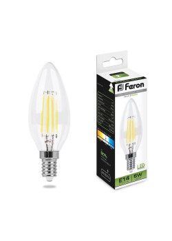 Лампа светодиодная филаментная Feron E14 5W 4000K Свеча Прозрачная LB-58 25573