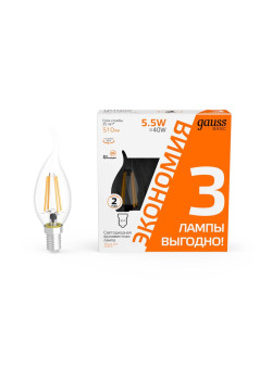 Лампа cветодиодная Gauss E14 5,5W 2700K прозрачная 3 шт. 1041116T