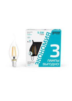 Лампа cветодиодная Gauss E14 5,5W 4100K прозрачная 3 шт. 1041126T