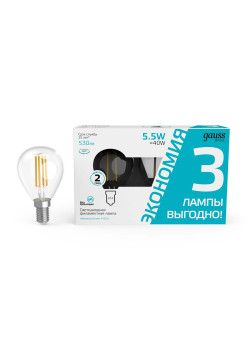 Лампа cветодиодная Gauss E14 5,5W 4100K прозрачная 3 шт. 1051126T