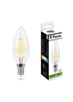Лампа светодиодная филаментная Feron E14 7W 4000K Свеча Прозрачная LB-66 25780