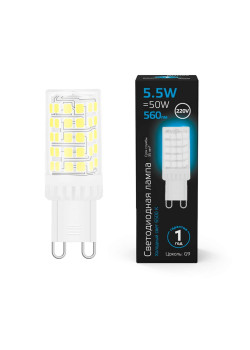 Лампа светодиодная Gauss G9 5,5W 6500K прозрачная 107009306